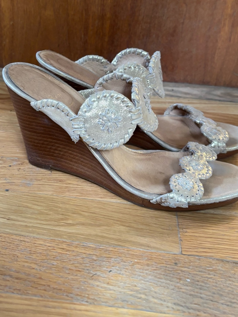 Jack Rogers Metallic Champagne Whipstitch Wedge Sandals